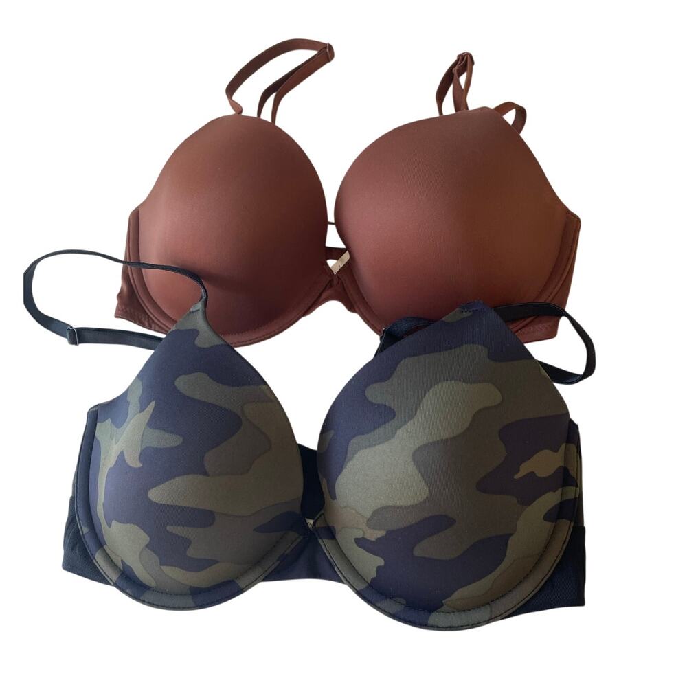 Victoria’s Secret Pink Wear Everywhere Bra LOT OF 2 Size 32D T-Shirt Camo Brown